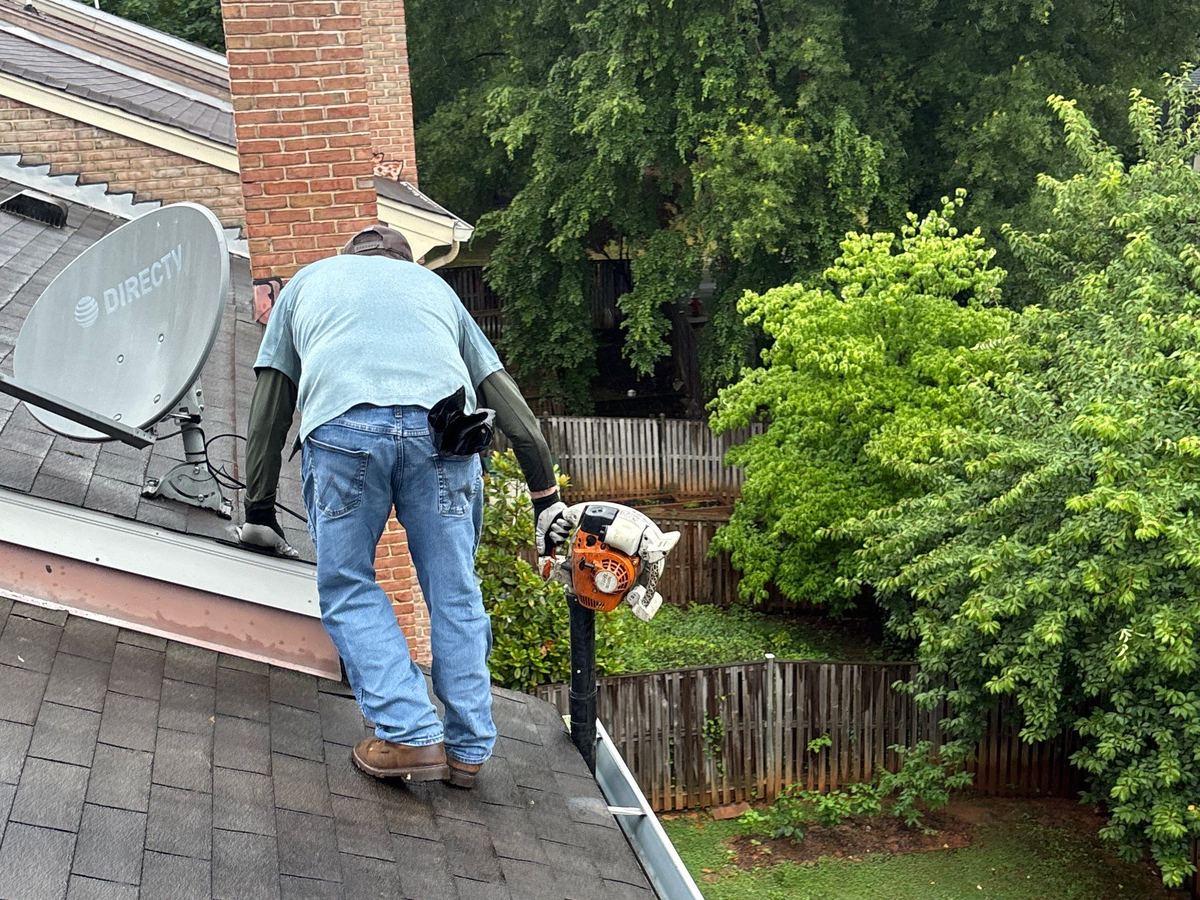Gutter Ethics field tech clearing a roof and gutters in Northern Virginia